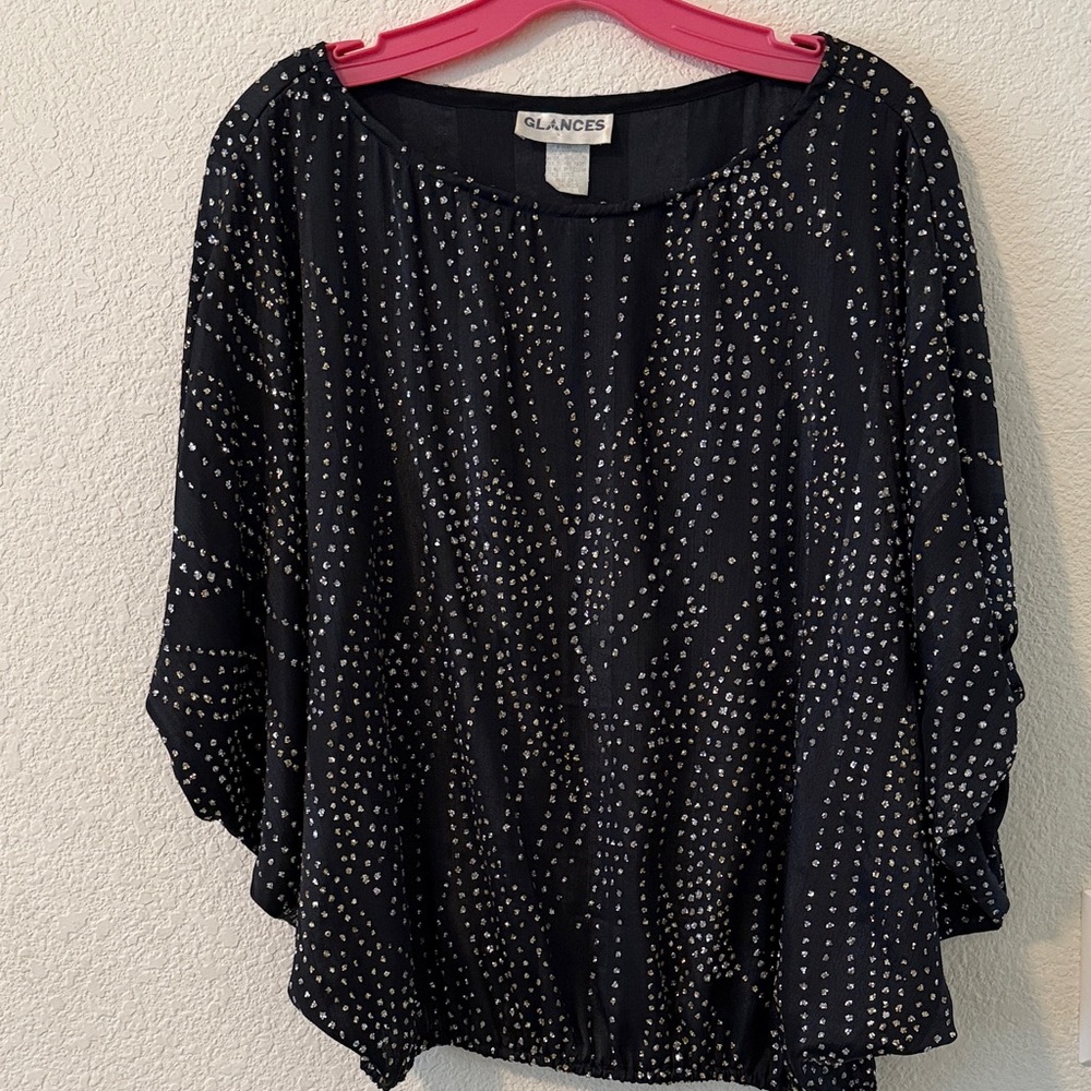 Glances Vintage Black/Rhinestone-look batwing sleeve pullover blouse, size 8